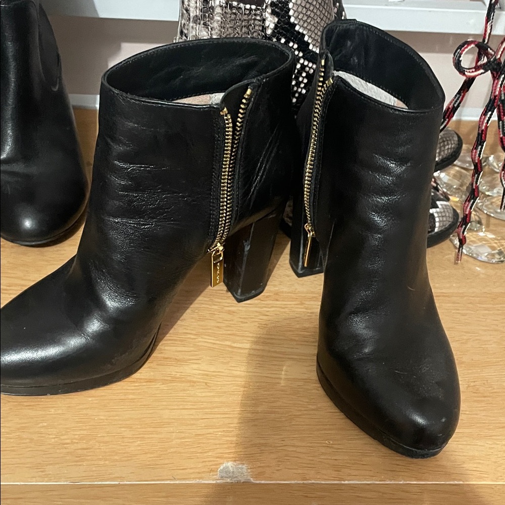 Michael Kors Black Leather Ankle Booties with Gold Zipper